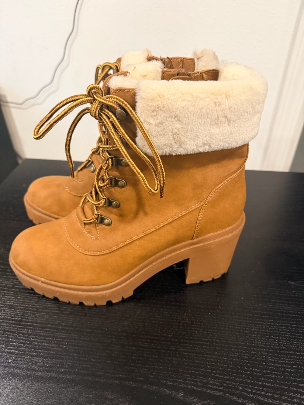 torrid Tan Faux-Suede Lug Heel Ankle Boots with Cream Faux-Fur Cuff
